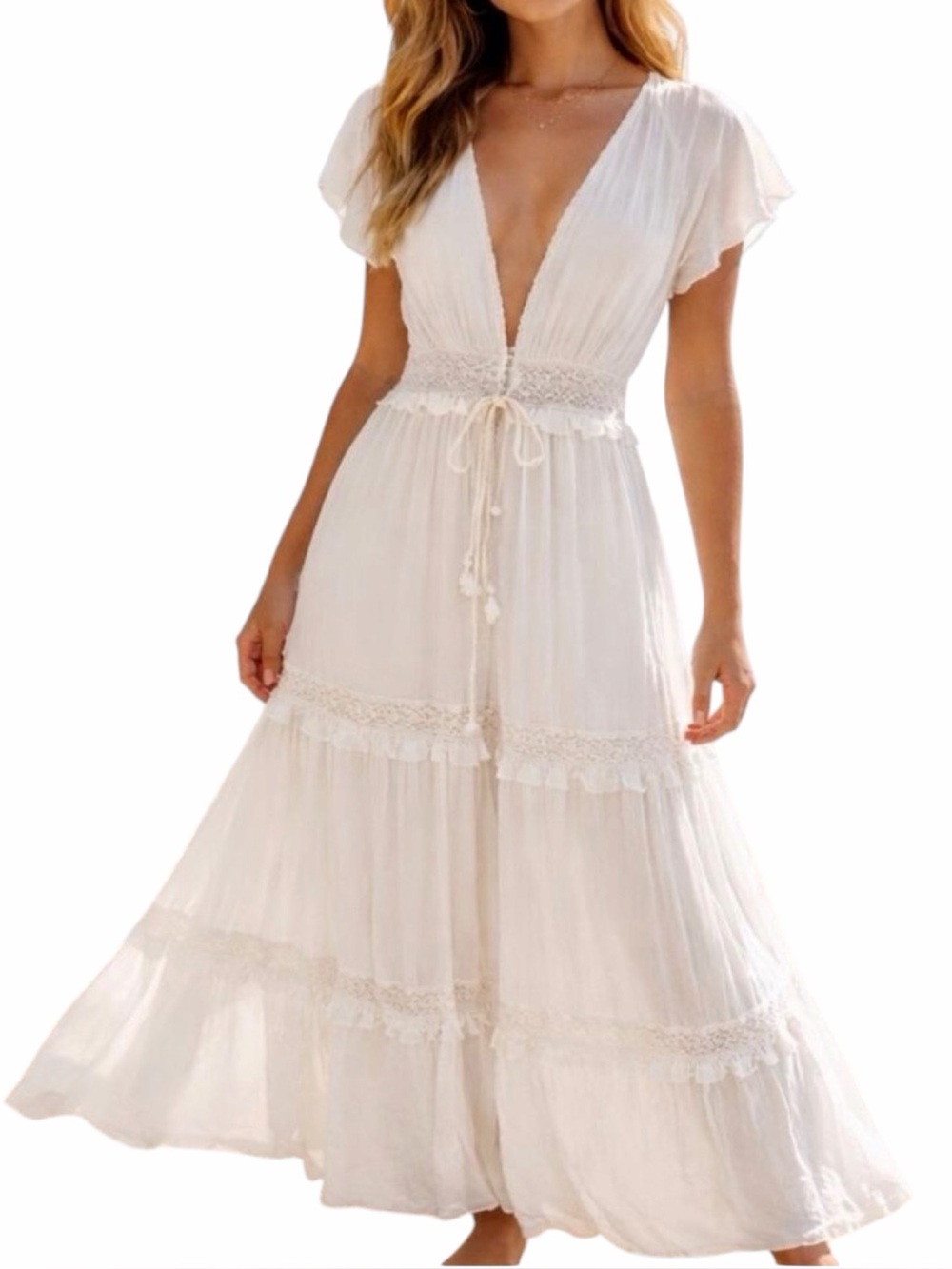 MABLE Crochet Lace Tiered Maxi Dress Womens S/M Ivory Beach Bride Boho Flowy NEW
